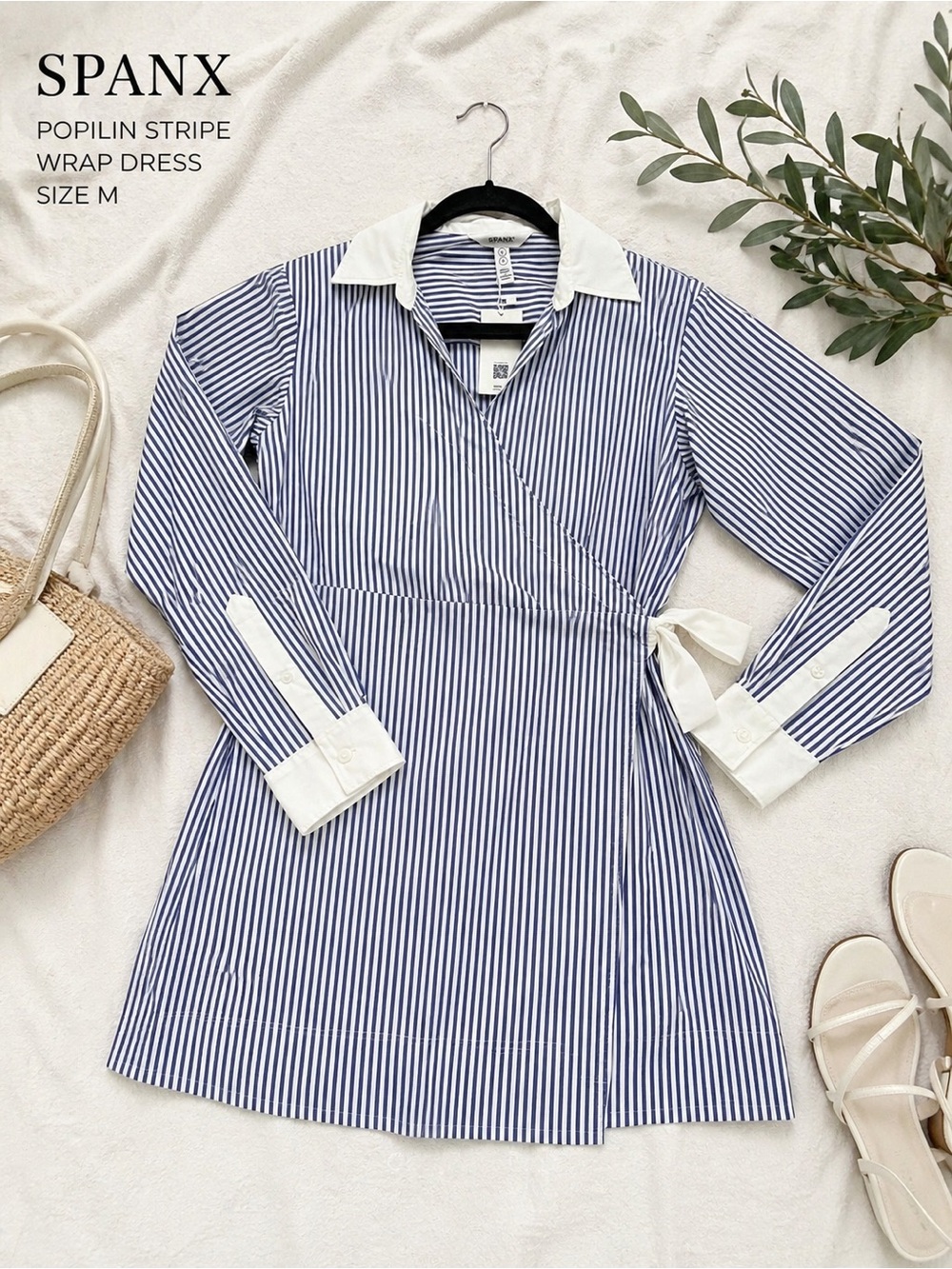Spanx The Best Stretch Cotton Poplin Seersucker Stripe Wrap Dress sz M NWT $148
